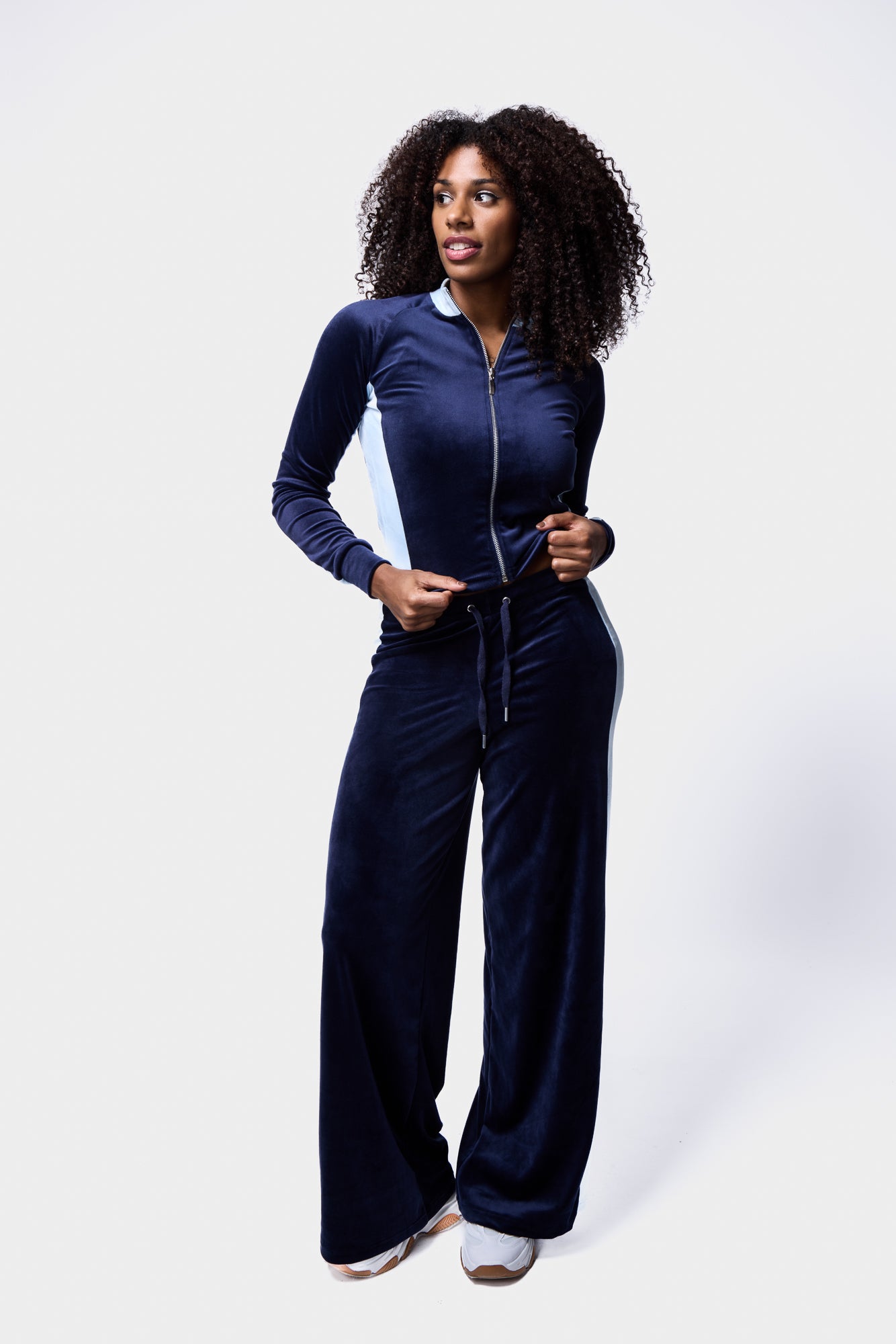 Contrast panel velour tracksuit in navy and light blue