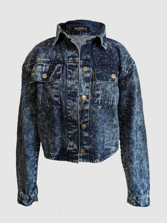 Dark Indigo Blue Stargirl Rhinestone Denim Trucker Jacket