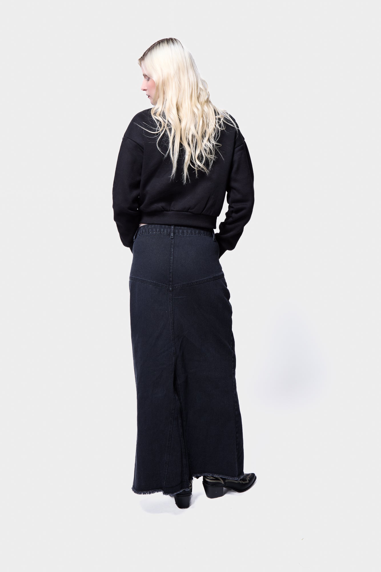 Denim Studded Fishtail Midi Skirt SILKROAD DAUGHTERS