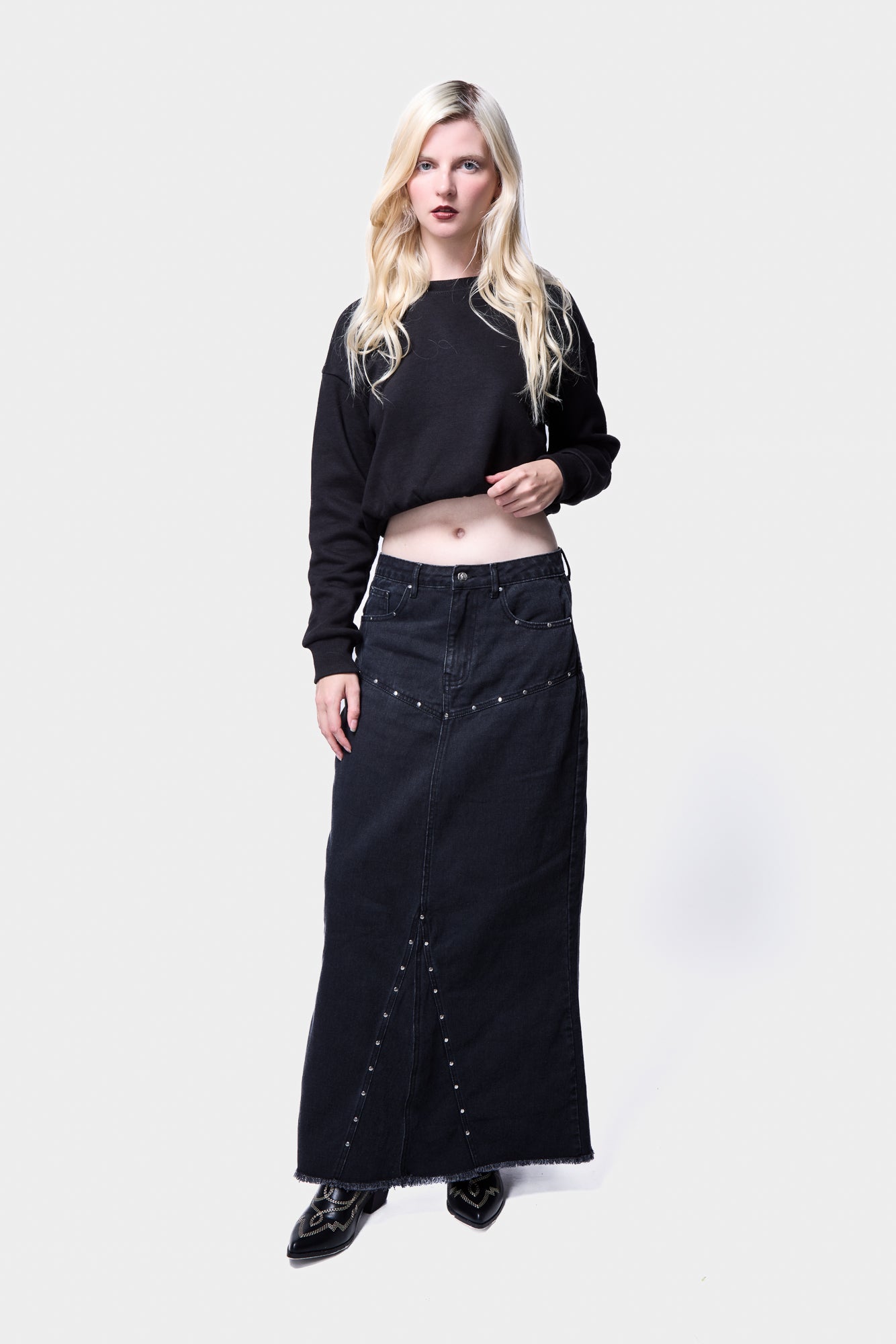 Denim Studded Fishtail Midi Skirt SILKROAD DAUGHTERS