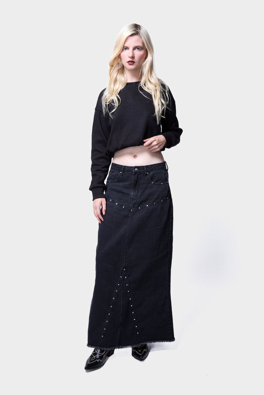 Denim Studded Fishtail Midi Skirt SILKROAD DAUGHTERS