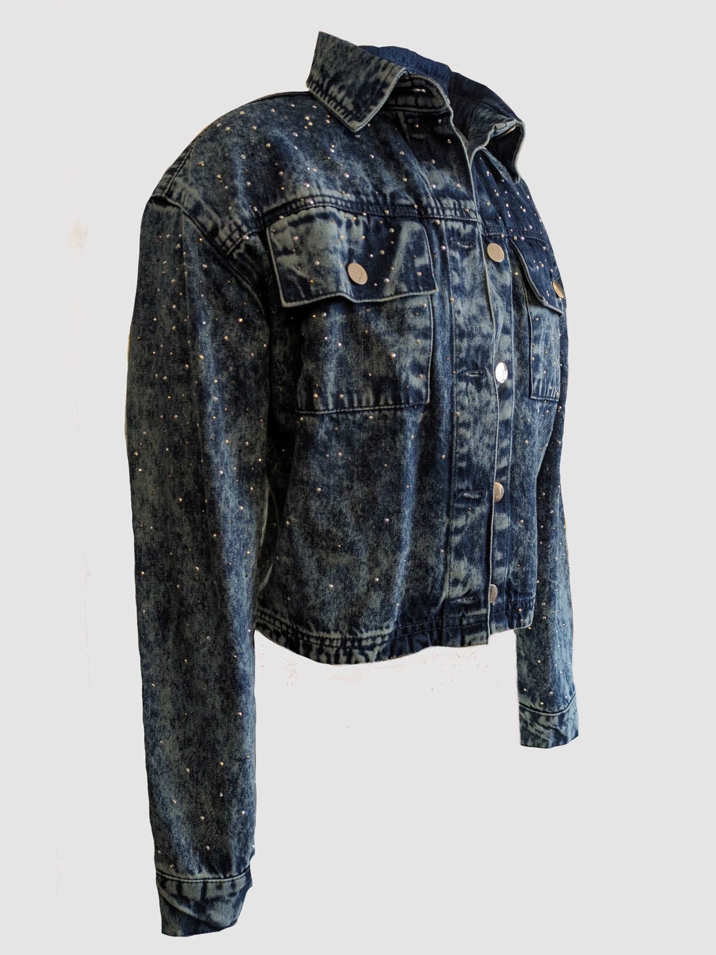 Dark Indigo Blue Stargirl Rhinestone Denim Trucker Jacket