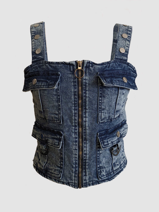 a denim corset with zippers and buttons