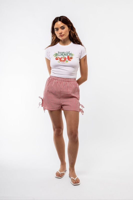 front image of the gingham boxer shorts with side detail bows 