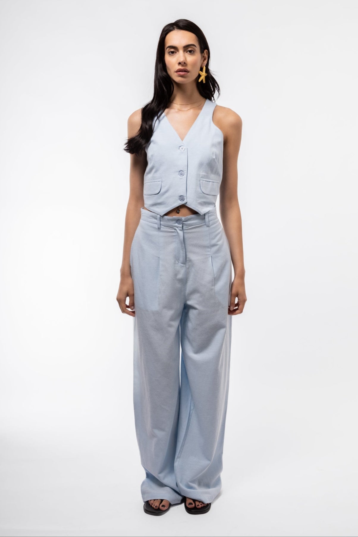 front profile image of the light blue linen blend vest 