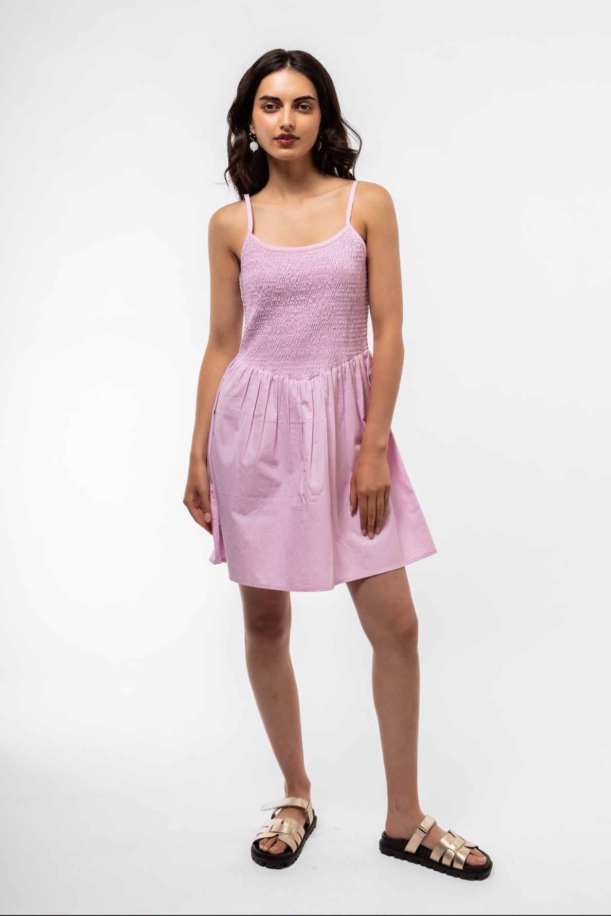 front view of the shirring v pink mini dress 