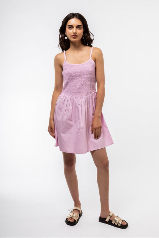 front view of the shirring v pink mini dress 