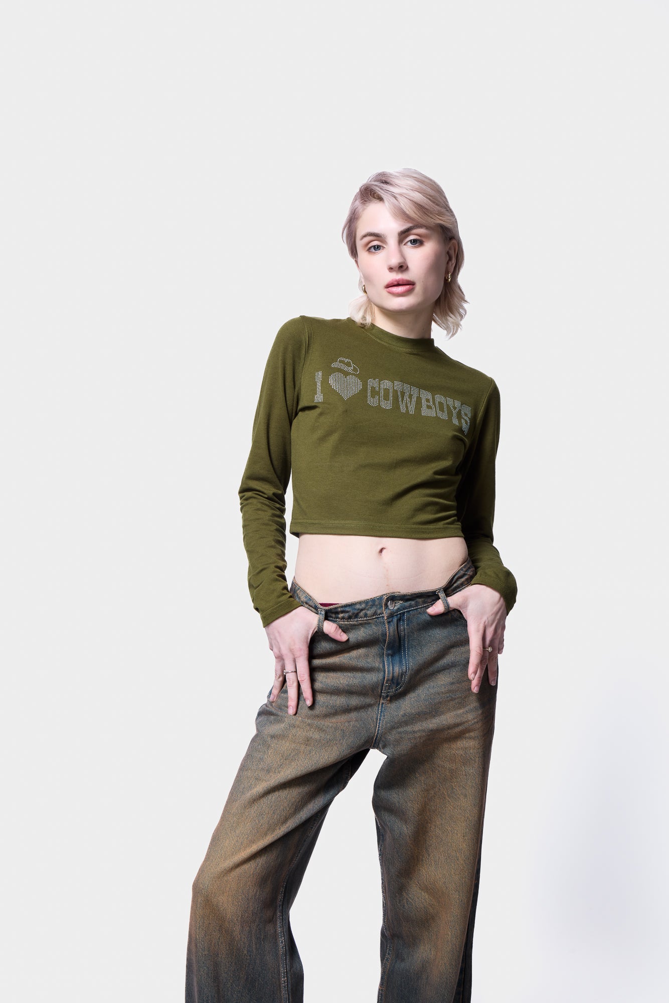 Khaki "I Love Cowboys" graphic t-shirt with rhinestones from Silkroad Daughters