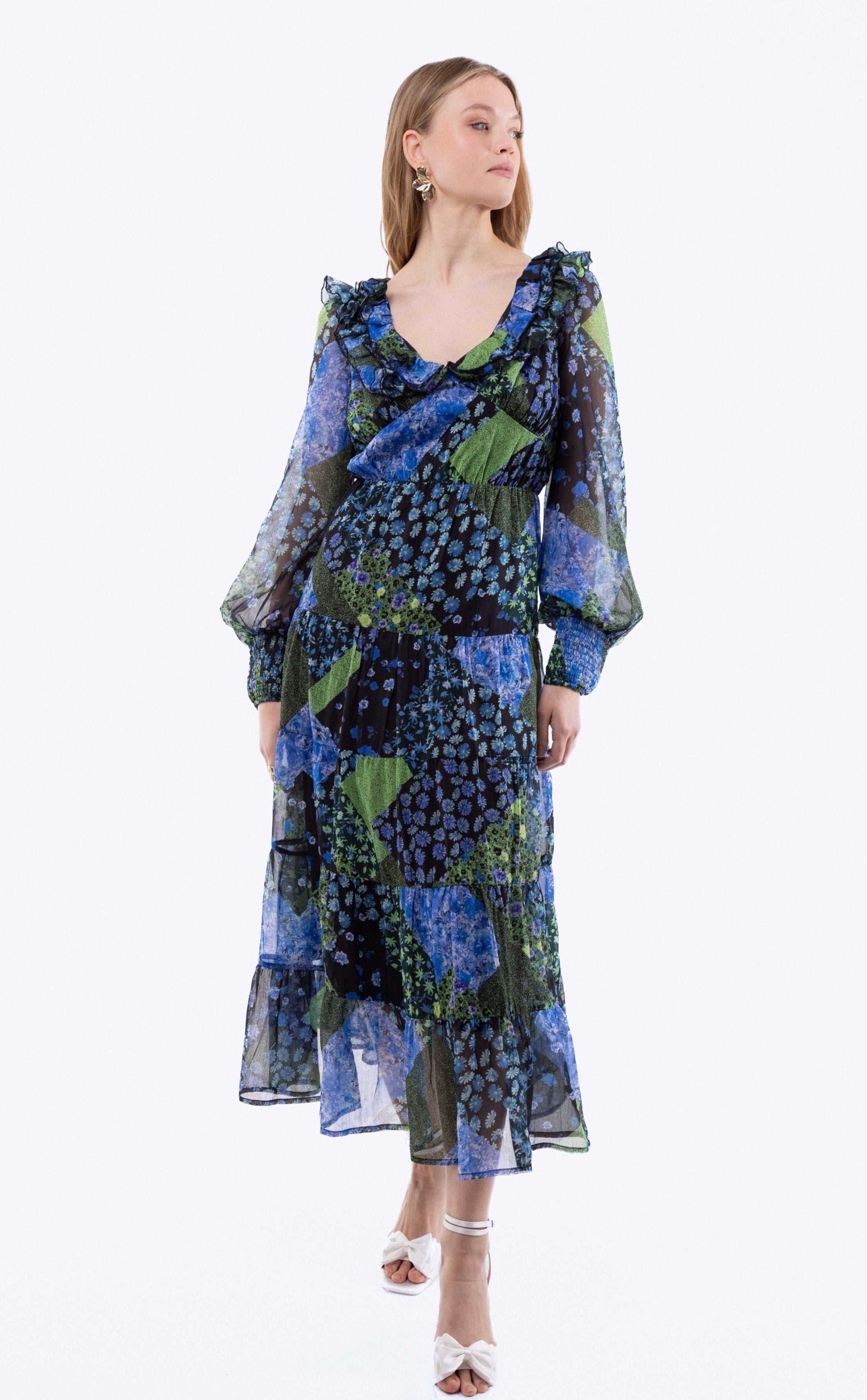 Balloon Sleeve Tiered Midi Dress