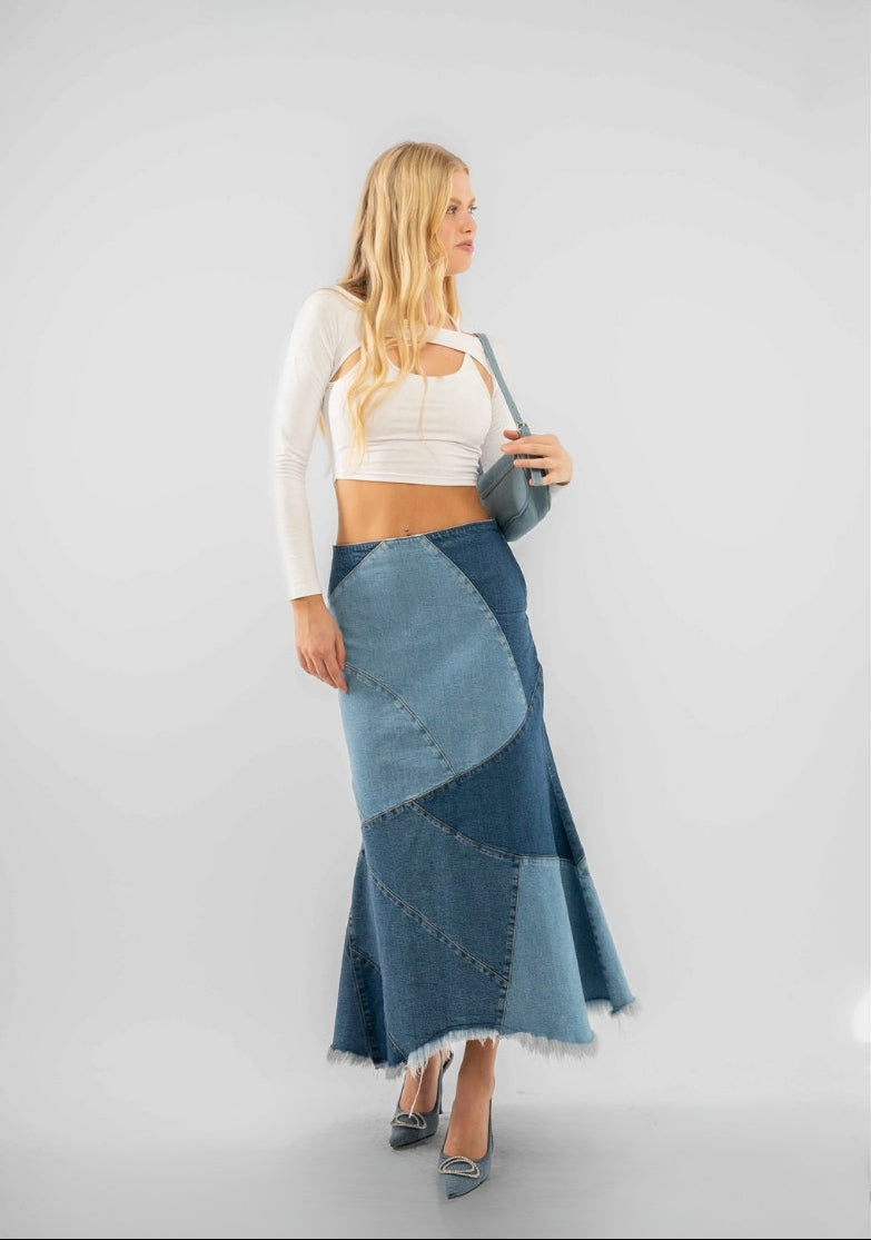 MIDI PATCH DENIM SKIRT IN MID BLUE SILKROAD DAUGHTERS