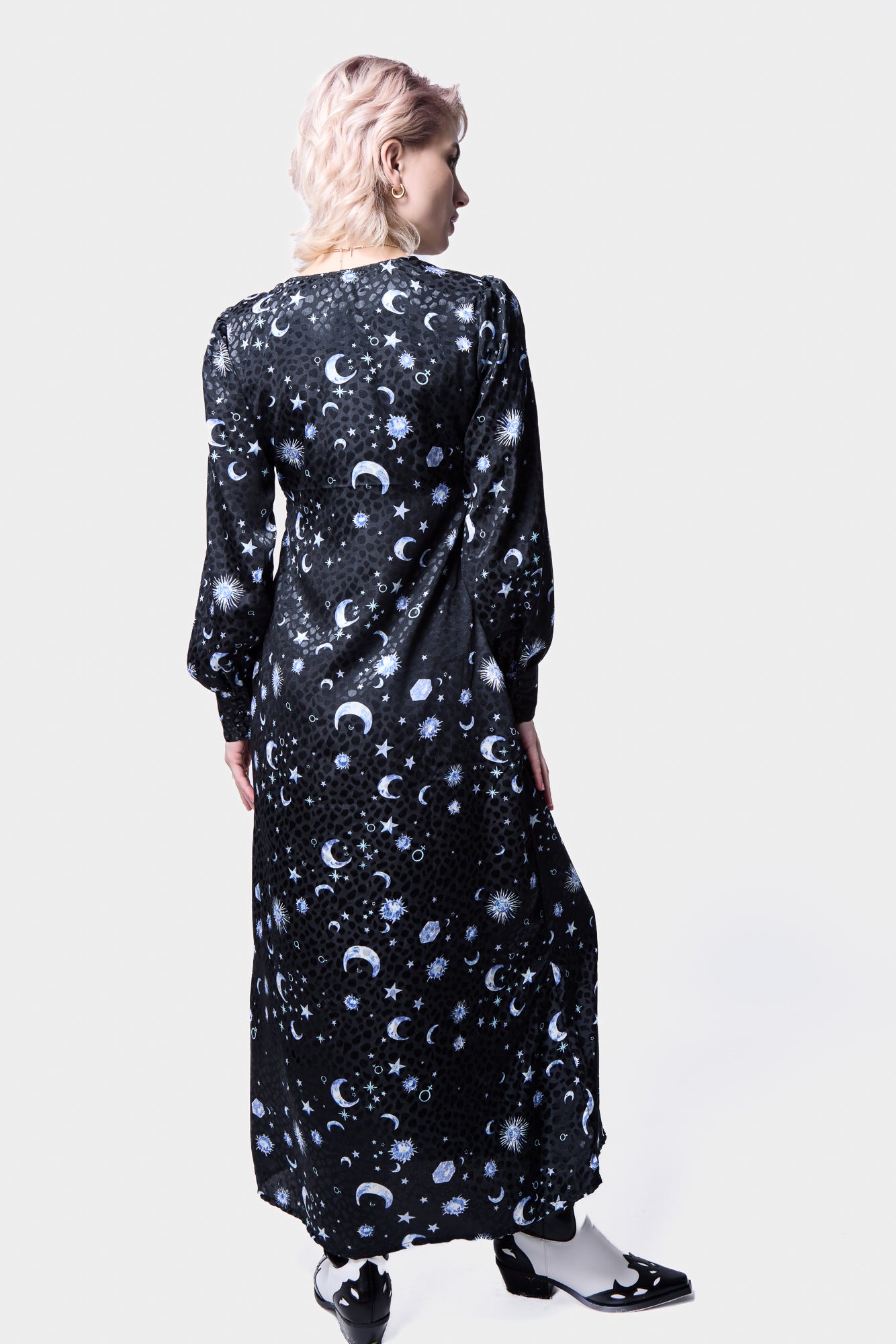 moon print long sleeve midi dress back profile view 