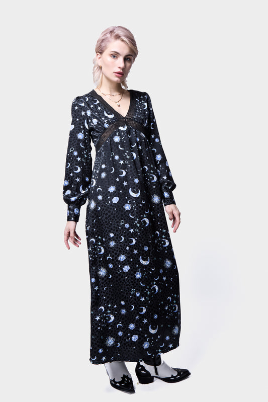 moon print long sleeve midi dress front profile view 