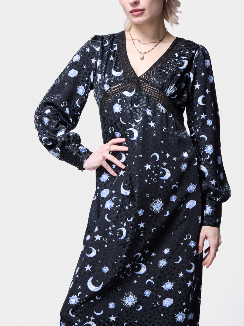 MOON PRINT LACE DETAIL SATIN MIDI DRESS SILKROAD DAUGHTERS