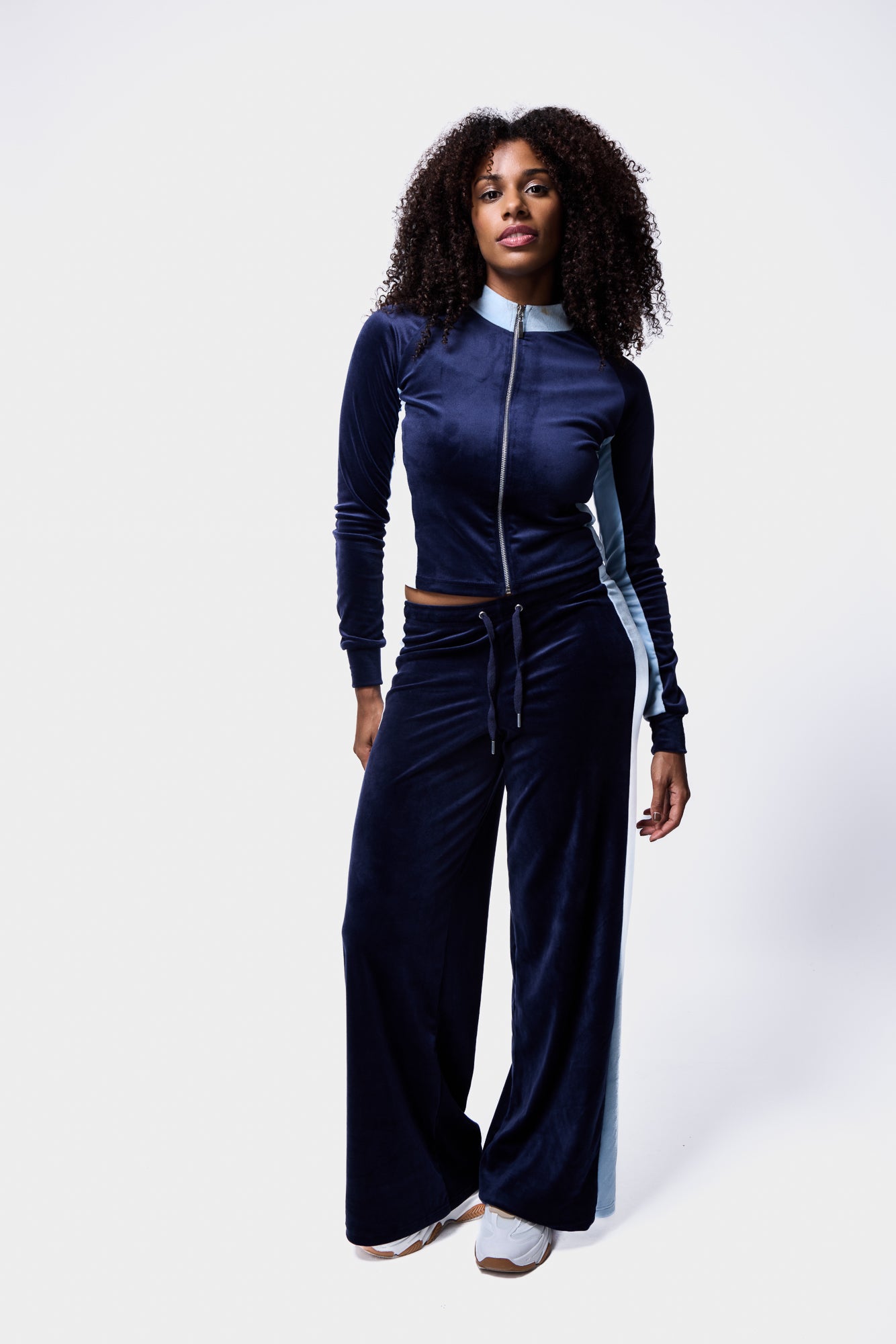 Navy and light blue velour tracksuit with contrast panels