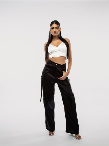 Black Satin Wide Leg Pocked Detail D-Ring Cargo Trouser