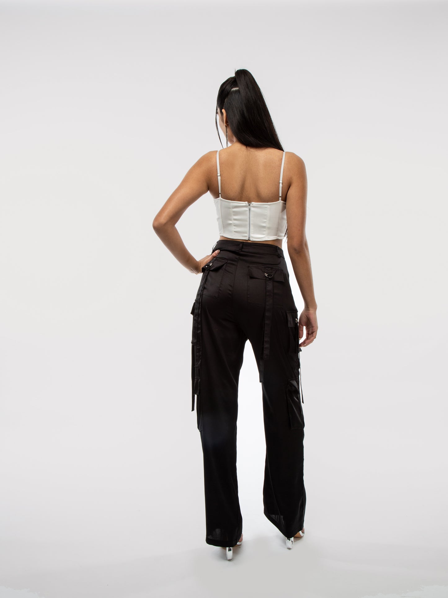 Black Satin Wide Leg Pocked Detail D-Ring Cargo Trouser