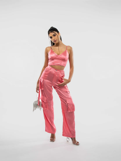 Bubble-gum Satin Wide Leg Pocket Detail D-Ring Cargo Trouser