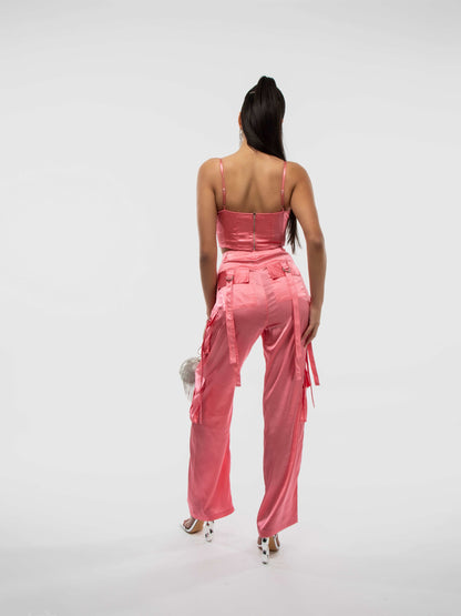 Bubble-gum Satin Wide Leg Pocket Detail D-Ring Cargo Trouser