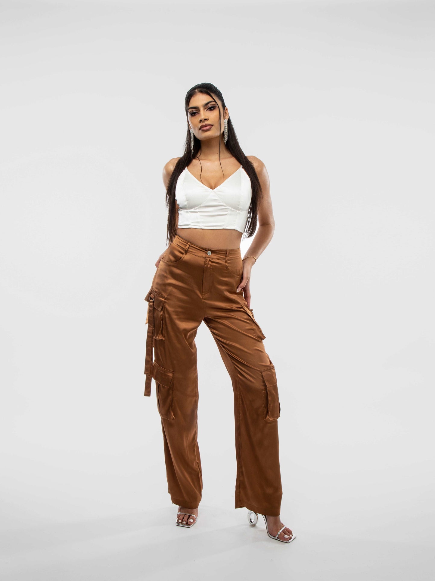 Macchiato Brown Satin Wide Leg Pocked Detail D-Ring Cargo Trouser