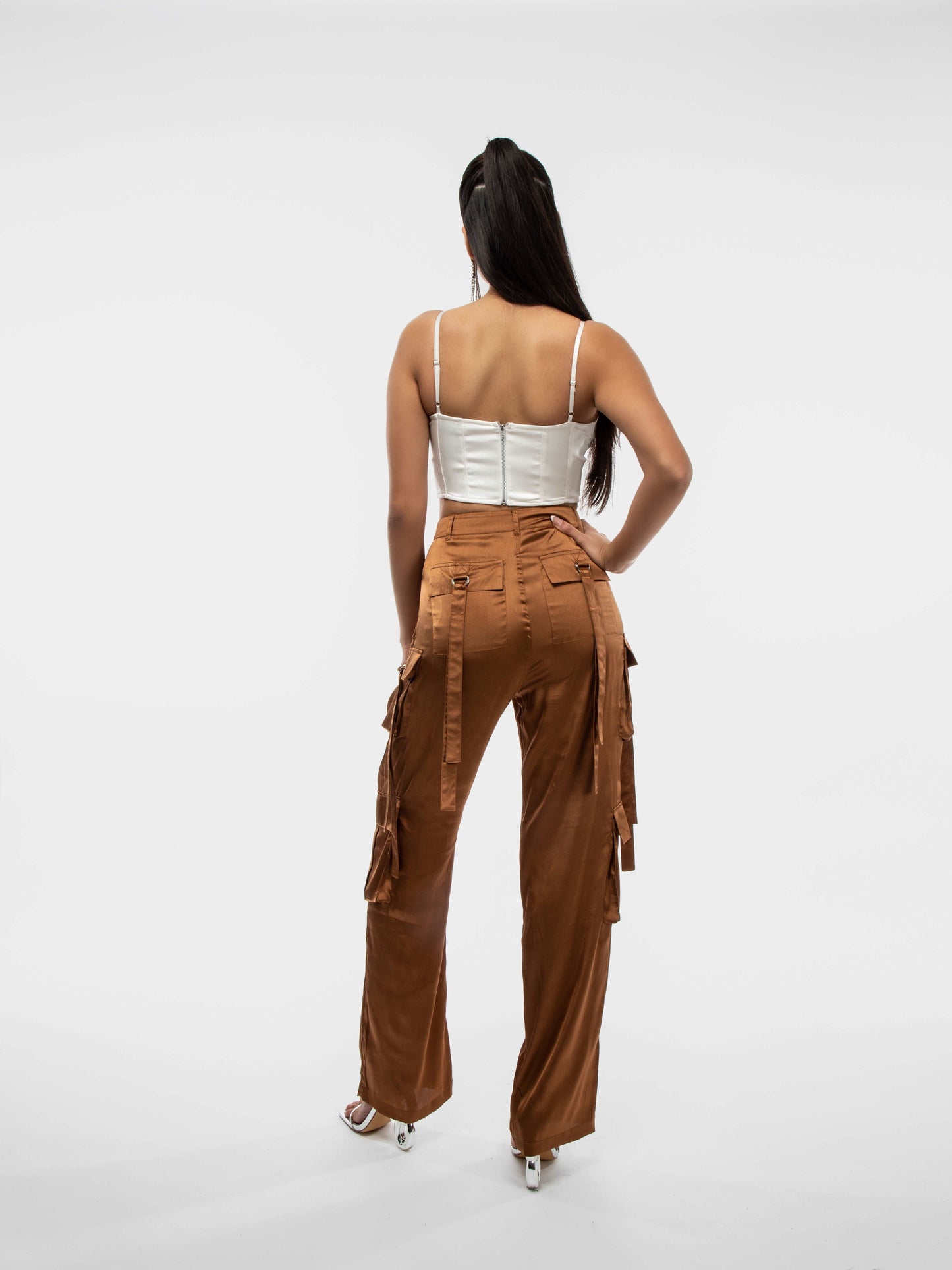 Macchiato Brown Satin Wide Leg Pocked Detail D-Ring Cargo Trouser