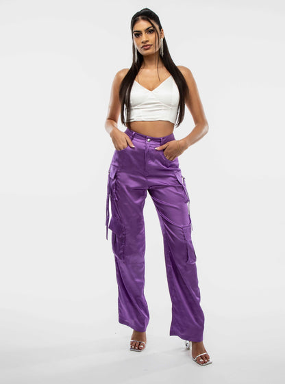 Purple Satin Wide Leg Pocket Detail D-Ring Cargo Trouser