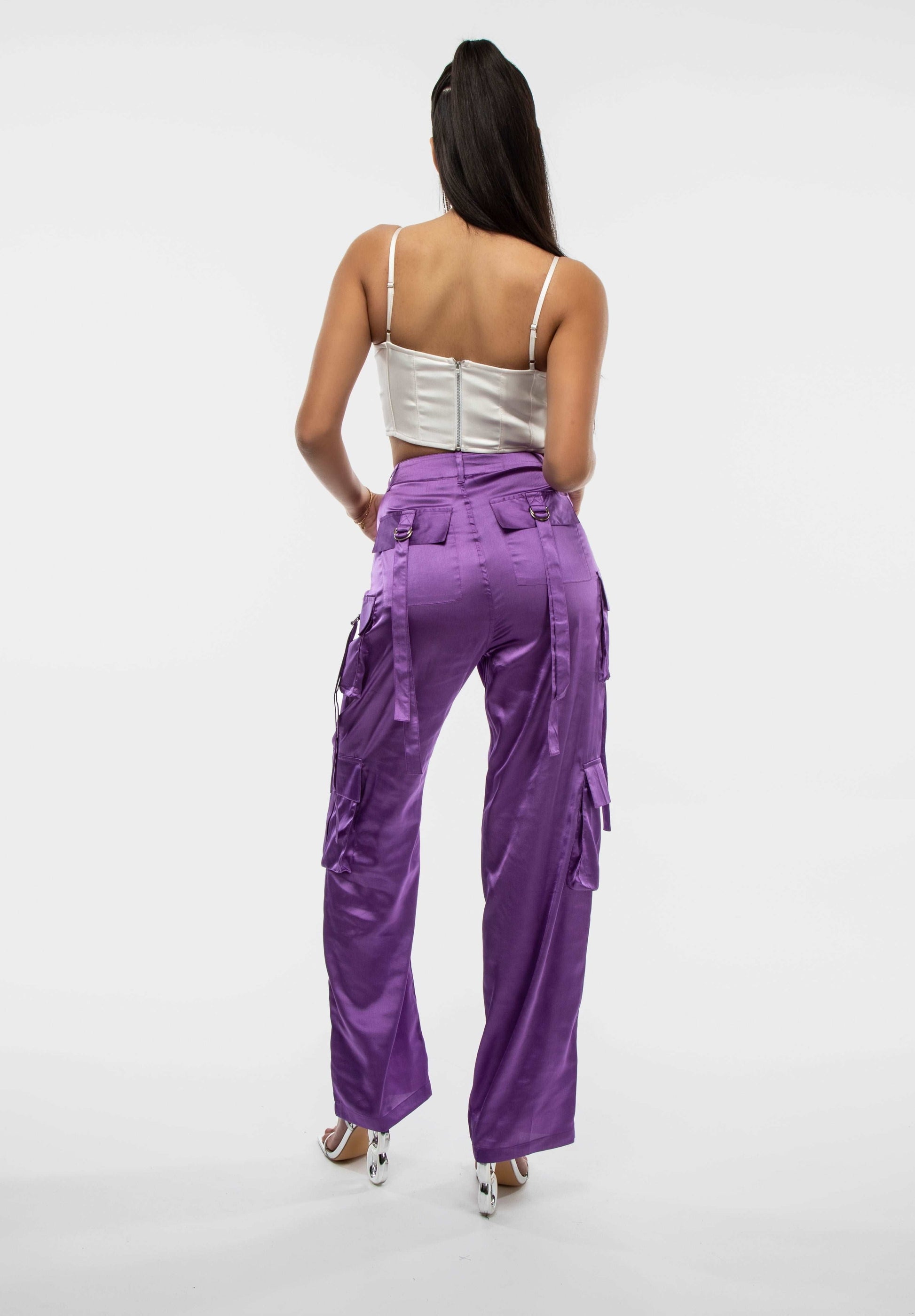 Purple Satin Wide Leg Pocket Detail D-Ring Cargo Trouser