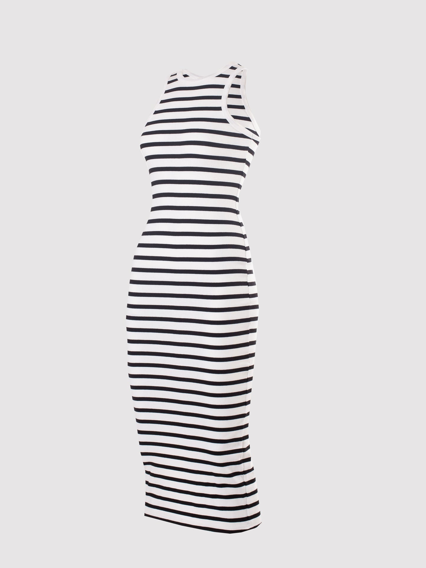 side view of the black stripe dress 