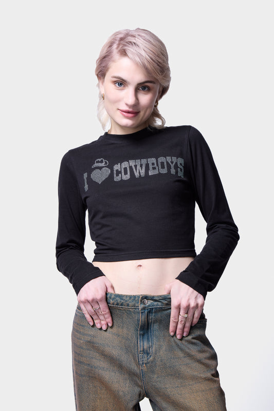 Black rhinestone-embellished "I Love Cowboys" tee from Silkroad Daughters