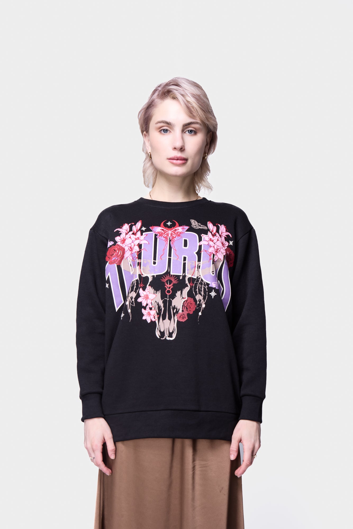 Astrology-themed black Taurus sweatshirt from Silkroad Daughters