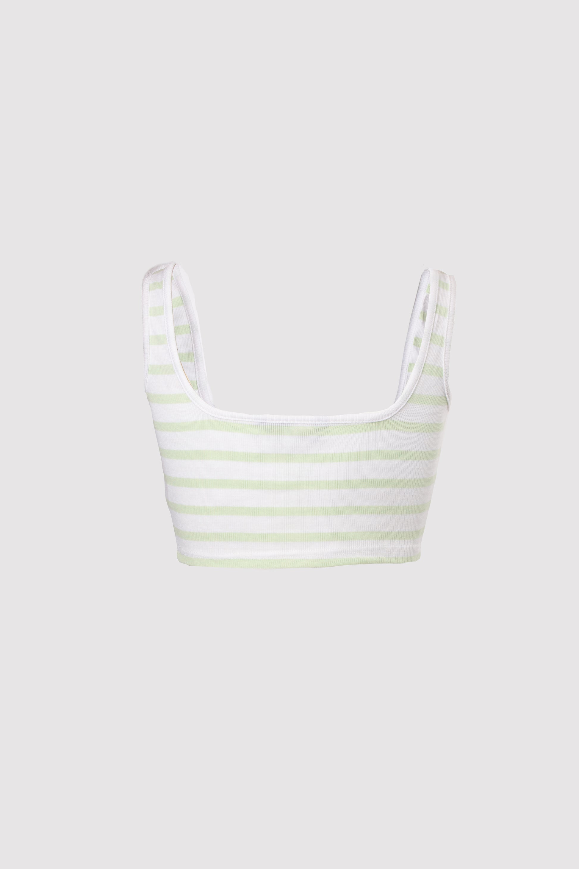 Pastel Green and White Striped Rib Square Neck Seam Detail Crop Top