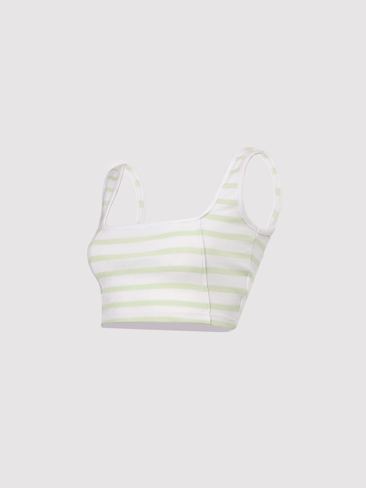 Pastel Green and White Striped Rib Square Neck Seam Detail Crop Top