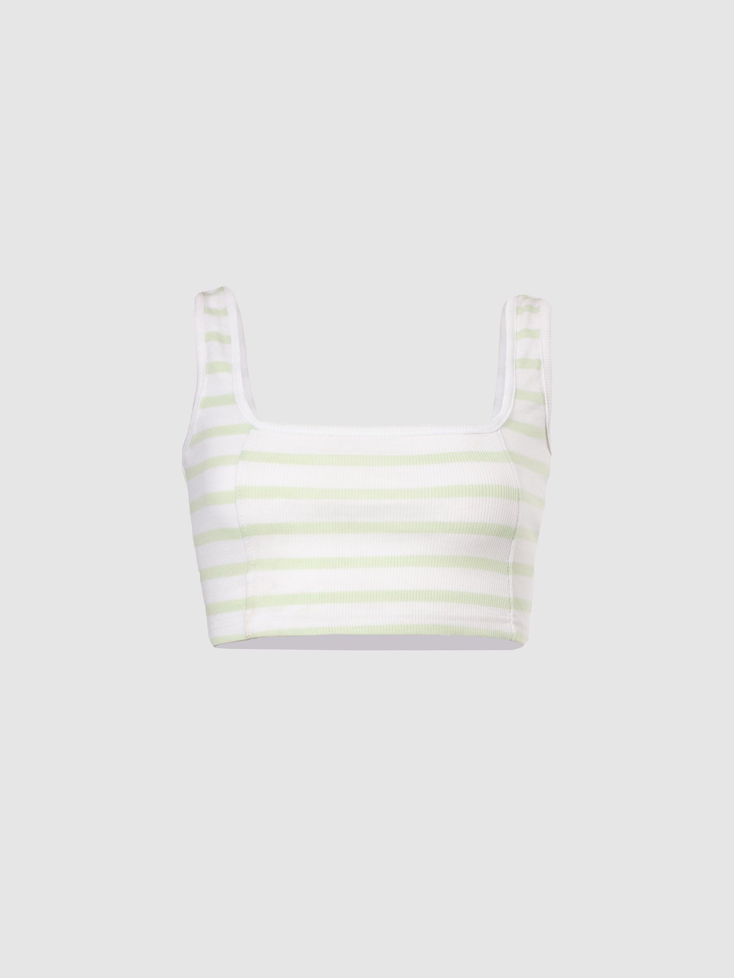 Pastel Green and White Striped Rib Square Neck Seam Detail Crop Top