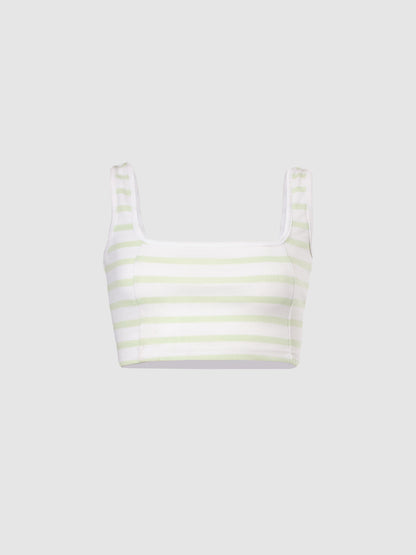 Pastel Green and White Striped Rib Square Neck Seam Detail Crop Top