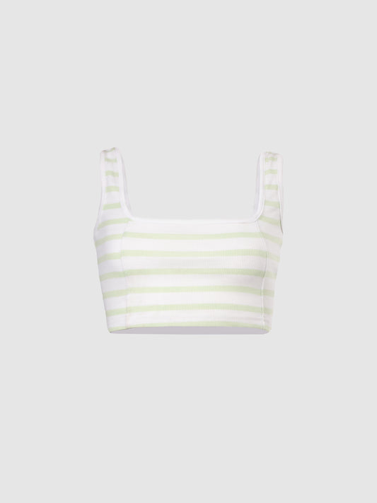 Pastel Green and White Striped Rib Square Neck Seam Detail Crop Top