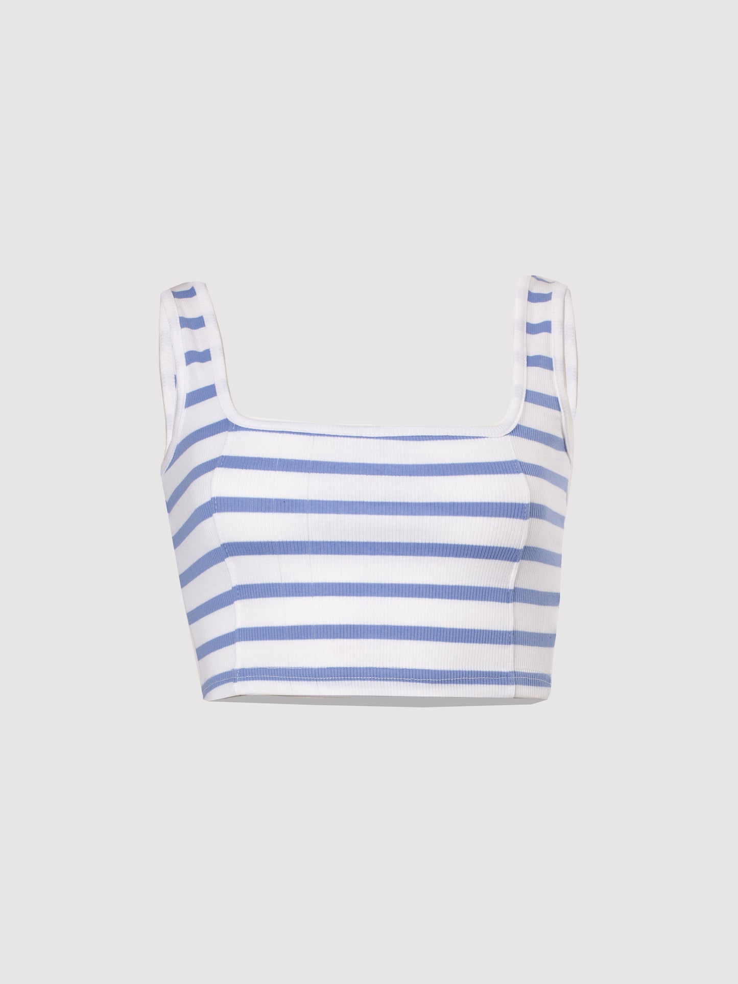 Hydrangea and White Striped Rib Square Neck Seam Detail Crop Top