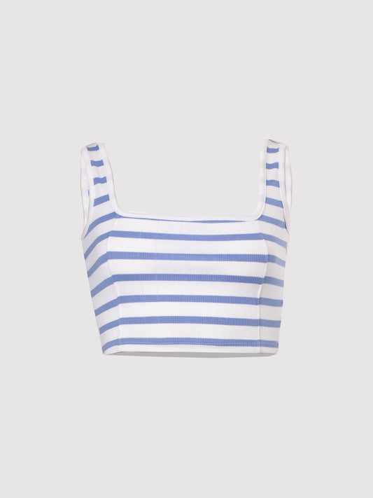 Hydrangea and White Striped Rib Square Neck Seam Detail Crop Top