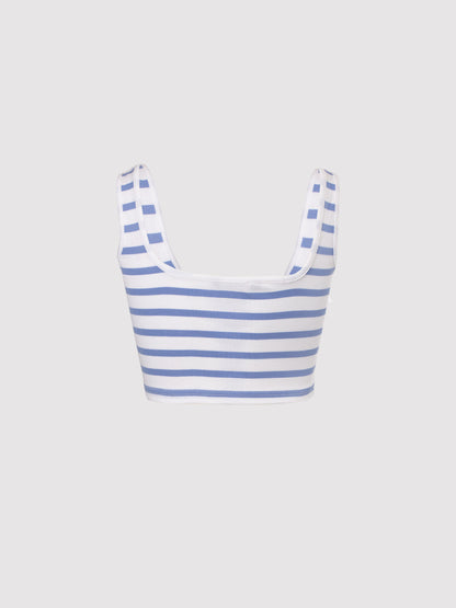 Hydrangea and White Striped Rib Square Neck Seam Detail Crop Top