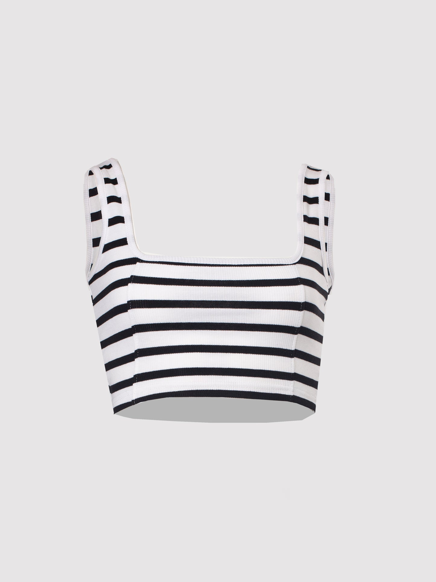 Black and White Striped Rib Square Neck Seam Detail Crop Top