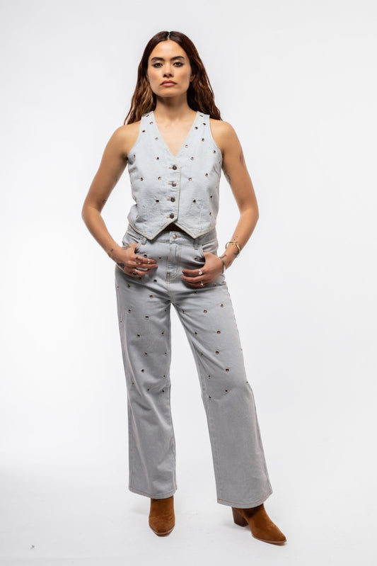 studded denim waistcoat featuring silver-tone stud detailing and button-down closure