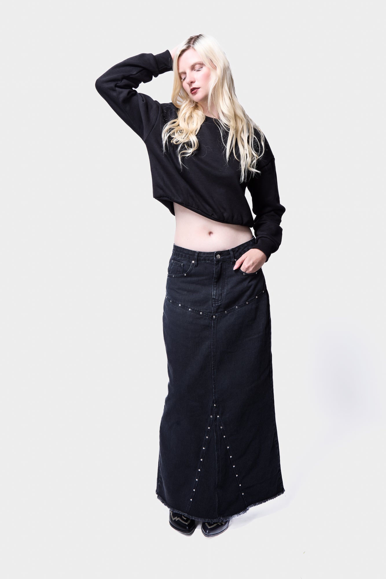 Denim Studded Fishtail Midi Skirt SILKROAD DAUGHTERS