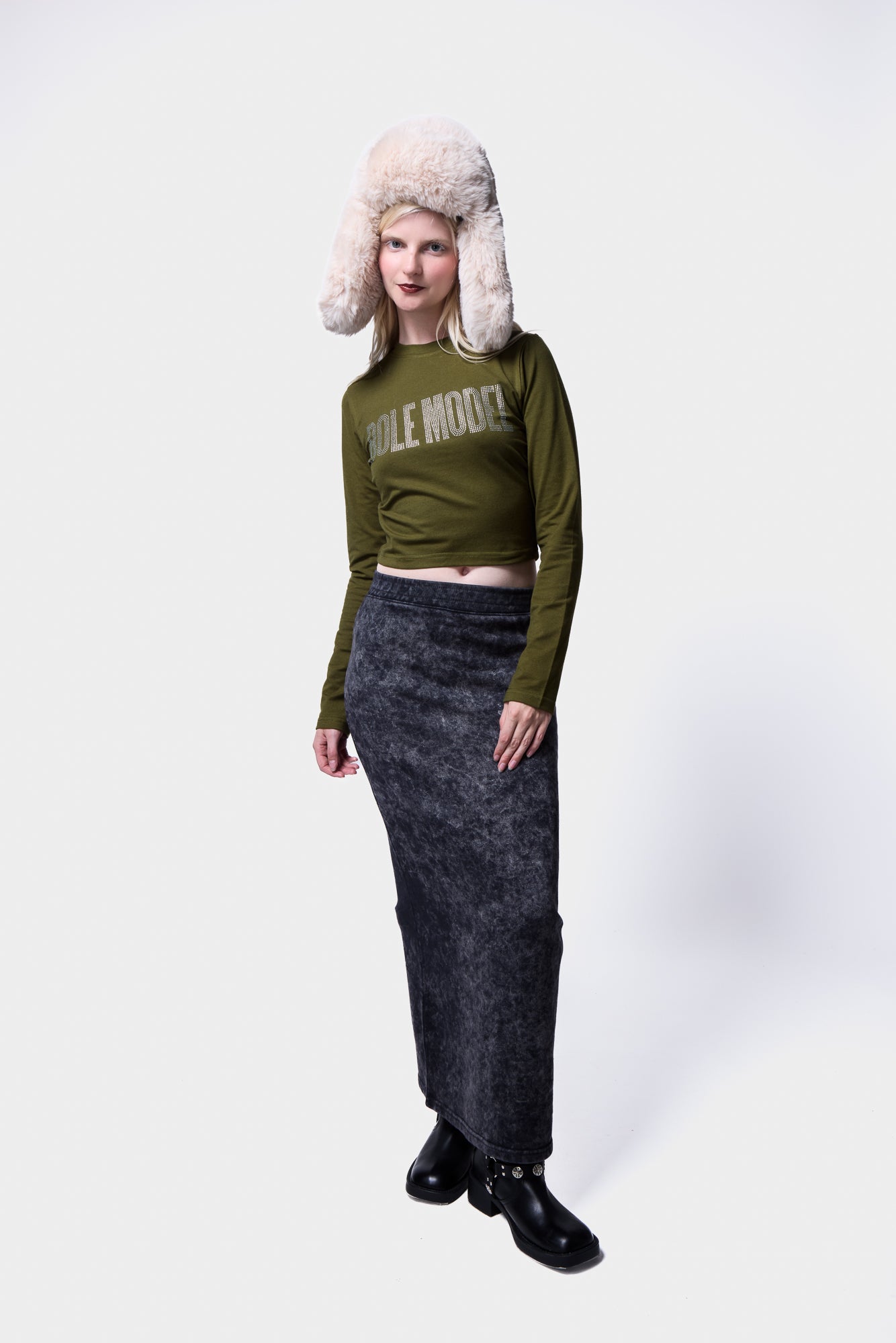 Front view of the acid wash tube skirt sweatshirt against a clean studio background