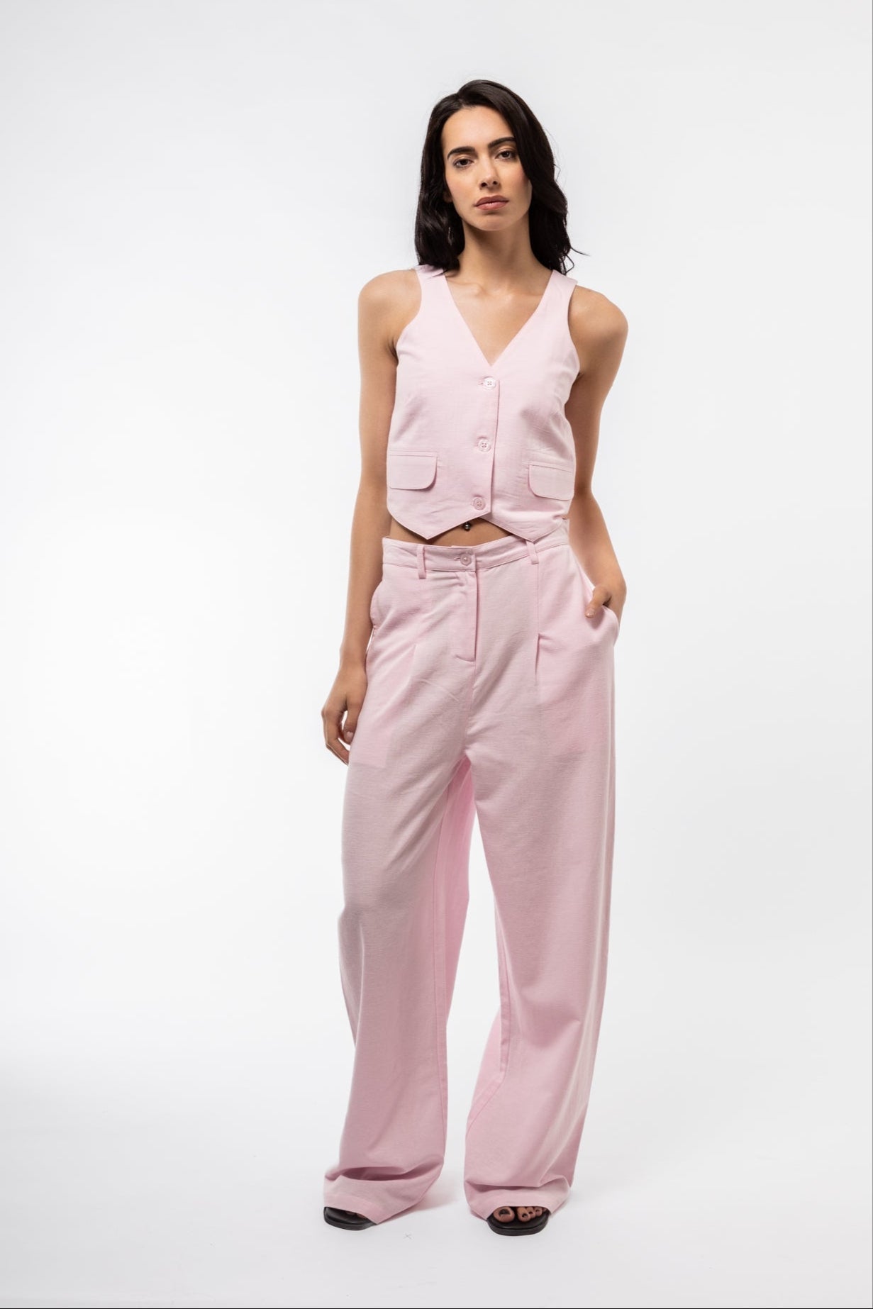 woven waistcoat in pink cotton blend-linen front view with model 