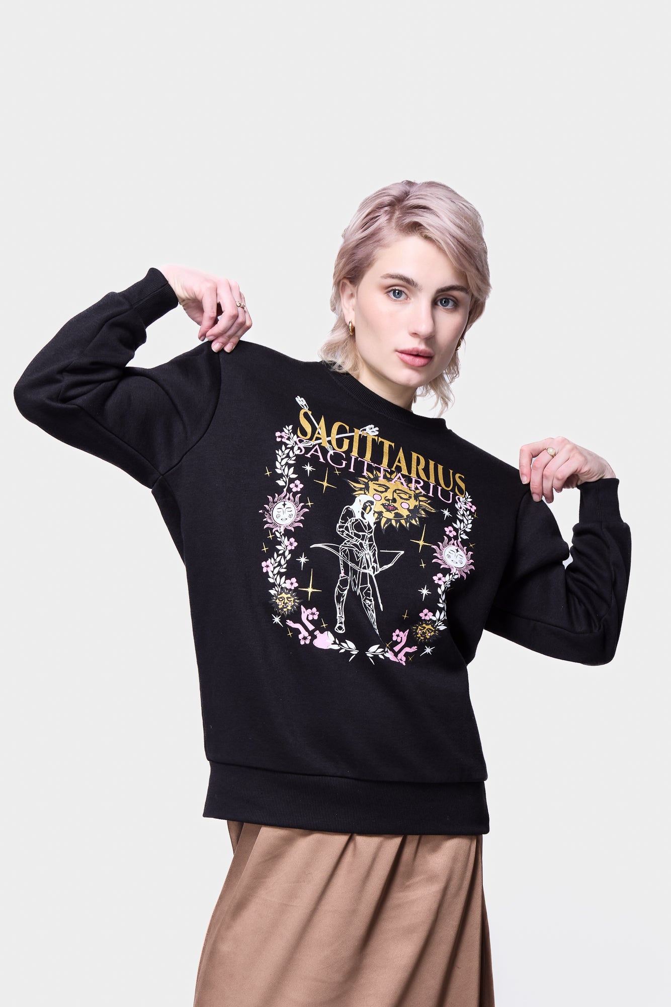 Astrology-inspired Sagittarius zodiac sweatshirt in blac